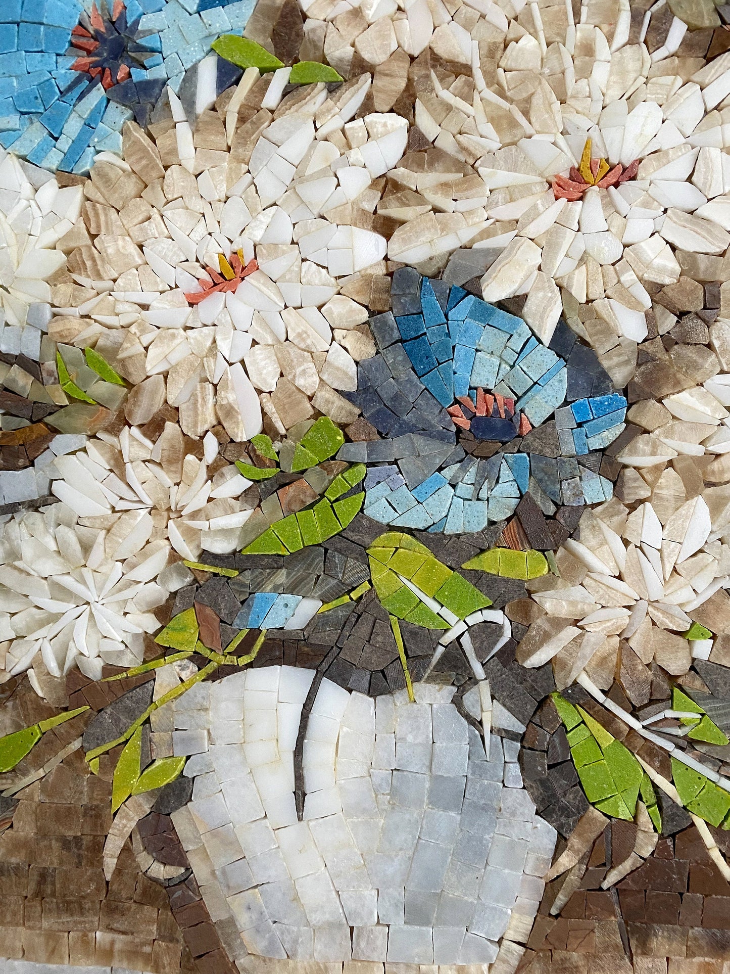 COLORFUL FLOWER ART - Overflowing Vase of Blue Anemones and White Chrysanthemum Mosaic Wall Art