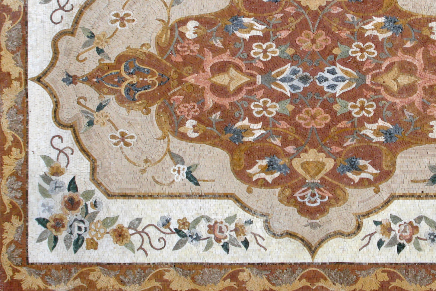 Handmade Marble Stone Mosaic Rug: Flower Design Art Tile (84” x 56")