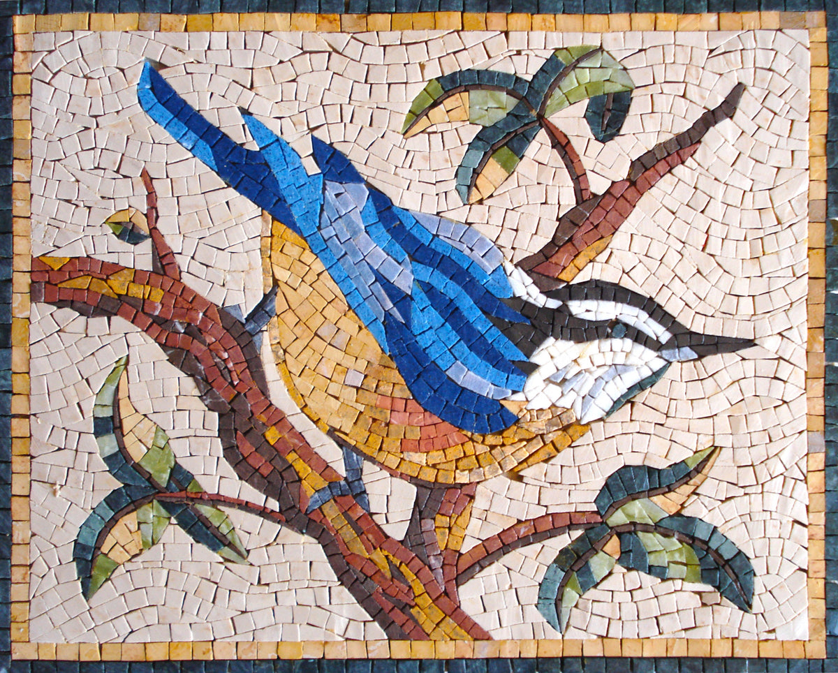 Blue Tit Bird Mosaic Art: Handmade Marble Wall Decor (16x12)