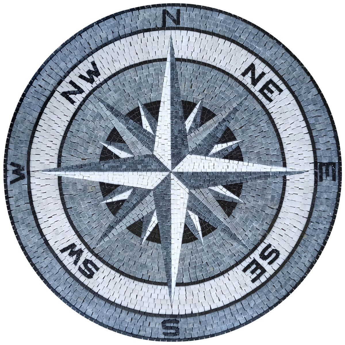 Handmade Compass Mosaic Tile: Nautical Marble Medallion (45" Diameter)