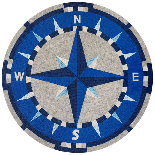 Oceanic Opulence - Handcrafted Inlay Blue Colorblocked Nautical Compass Rose Mosaic Medallion - Customization available