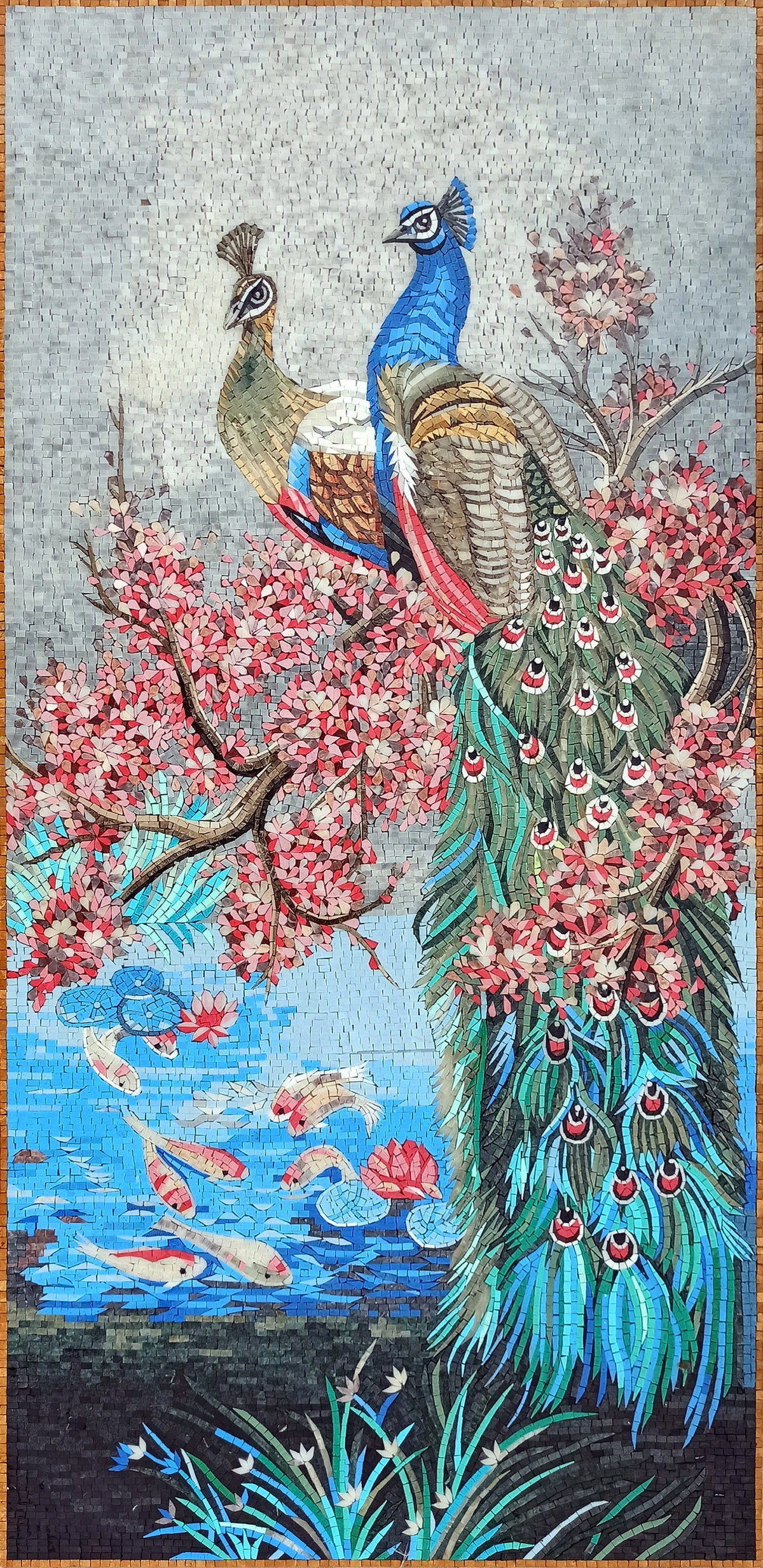 Handmade Peacock Mosaic Tile Art: Cherry Tree & Koi Pond (64” x 32”)
