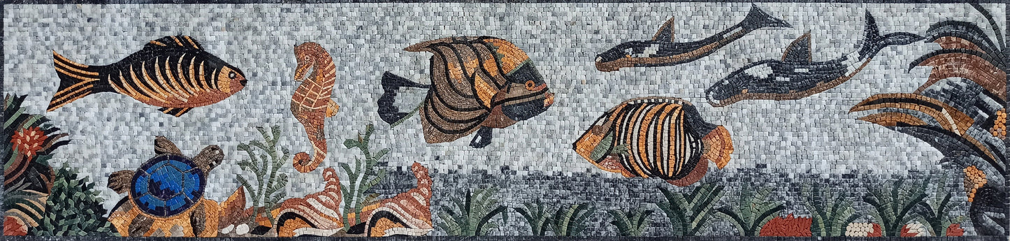 Handmade Marble Mosaic Tile: Sea Life Mural (92” x 22")