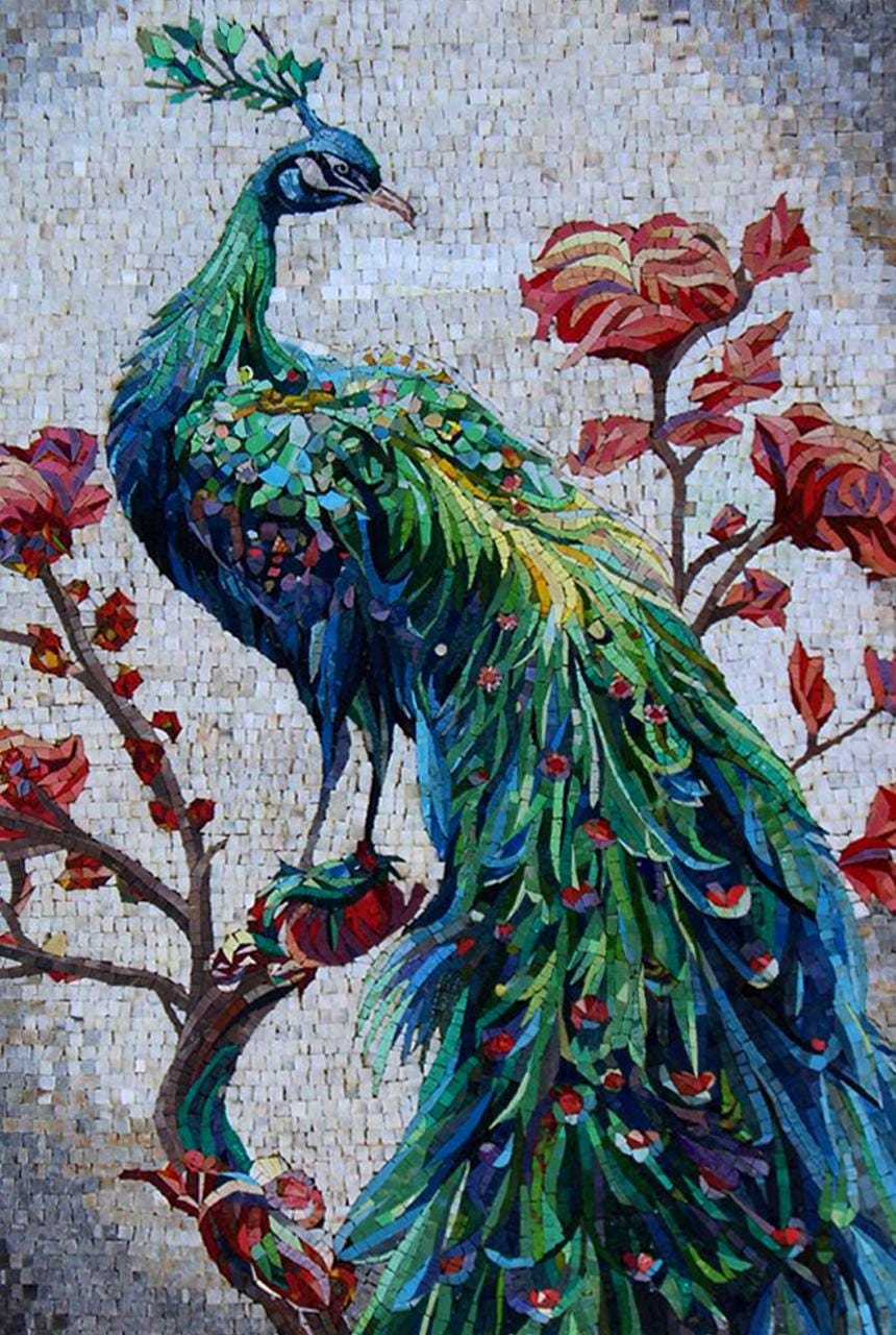 50"x32" Peacock on Tree Mosaic Wall Art –Vibrant Bird Design, Nature-Inspired Home Decor, Customization available