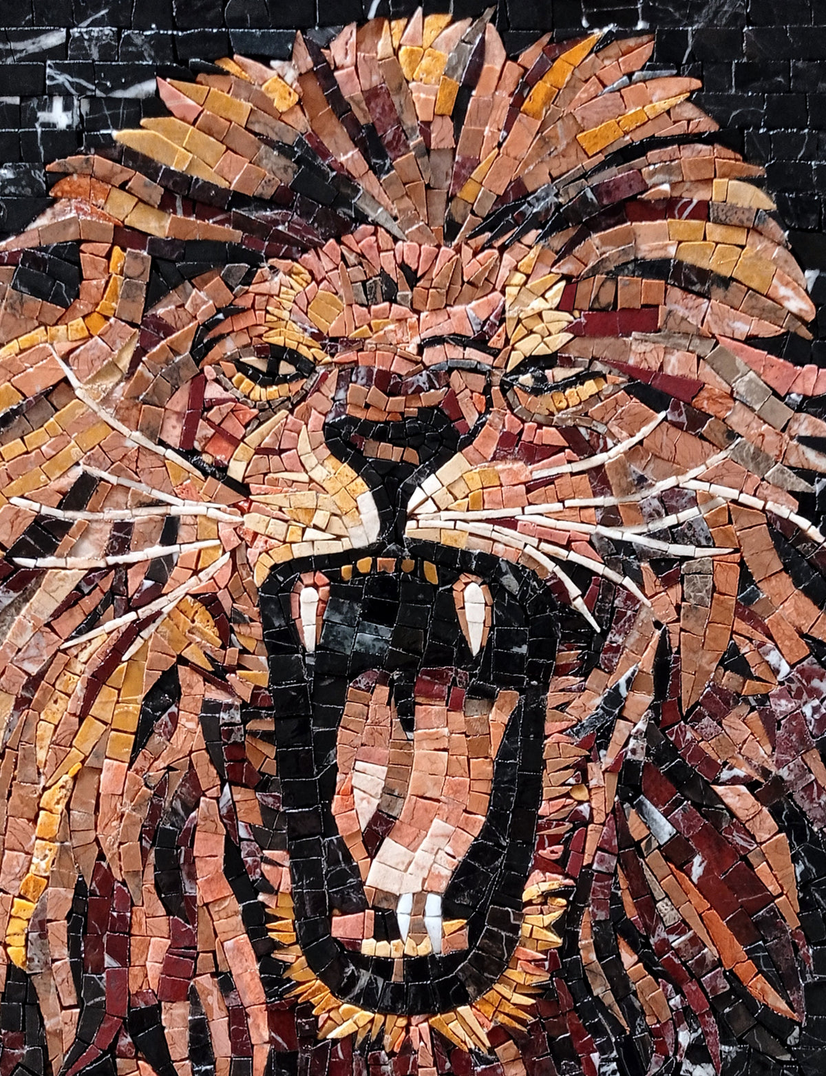 Handmade Lion Mosaic Mural: Roaring Face, Stone Tile Art (26x20)