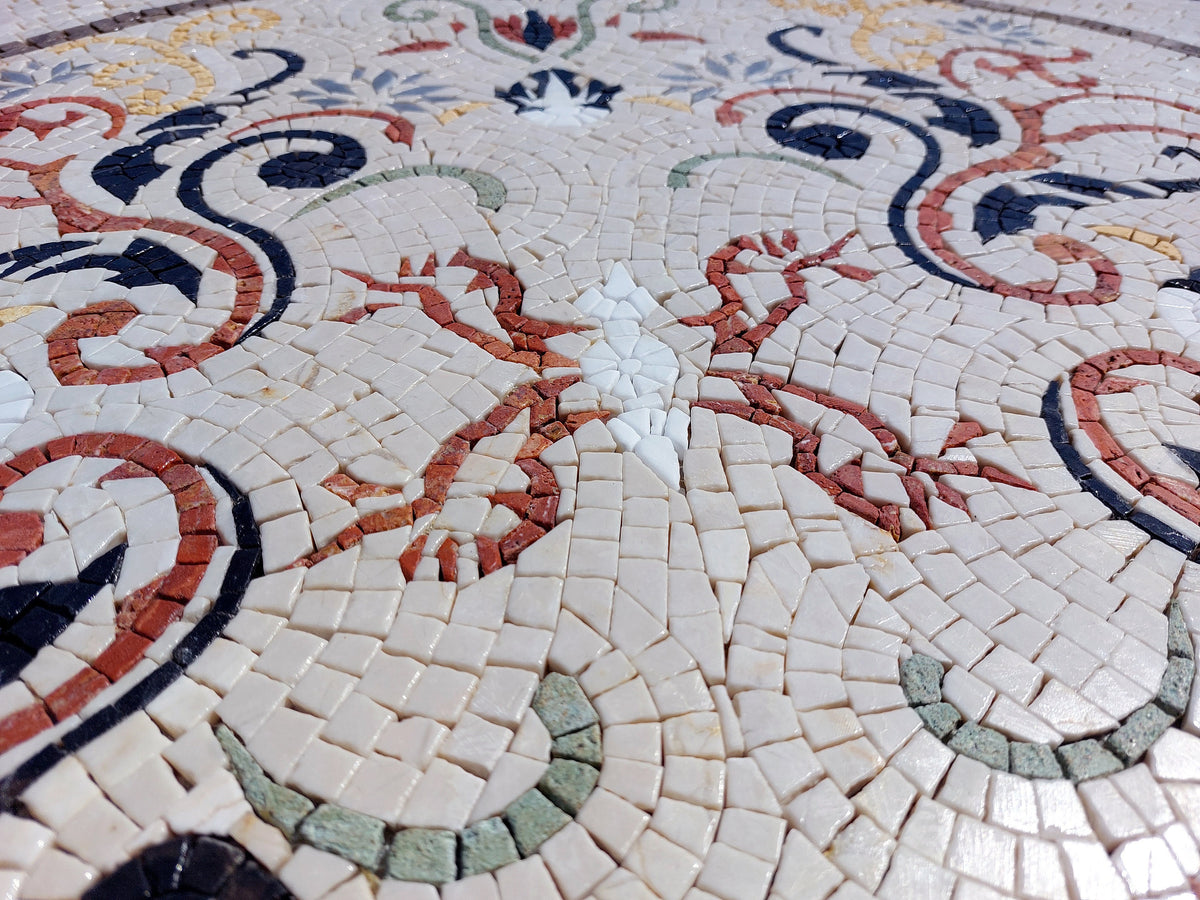 Handmade Geometric Marble Mosaic Tile: Floral Medallion (40"x40")