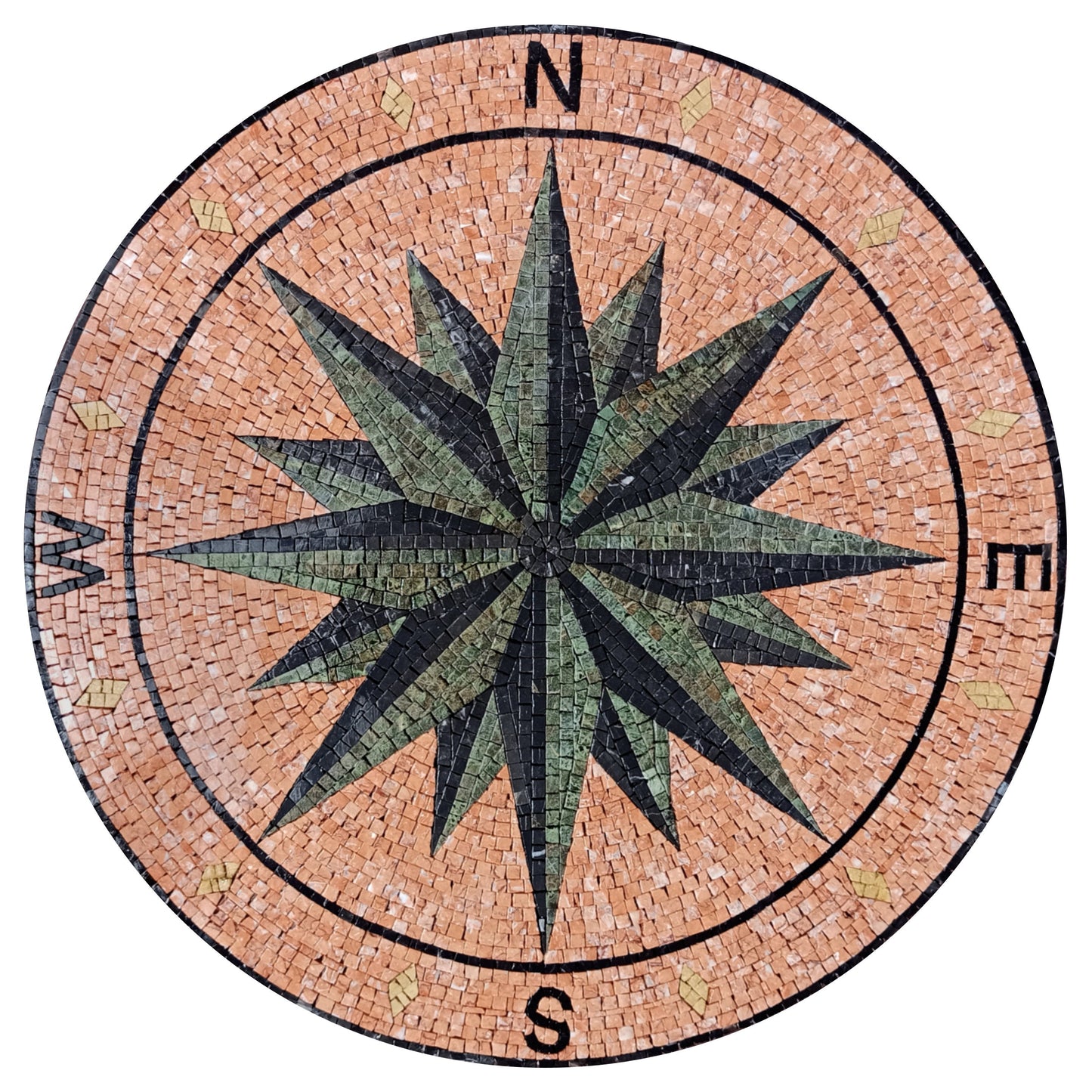 Handmade Marble Mosaic Medallion: Dark Green Compass Rose on Pink