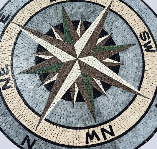 Handmade Marble Mosaic Compass Medallion: Nautical Tile Art (32" Diameter)