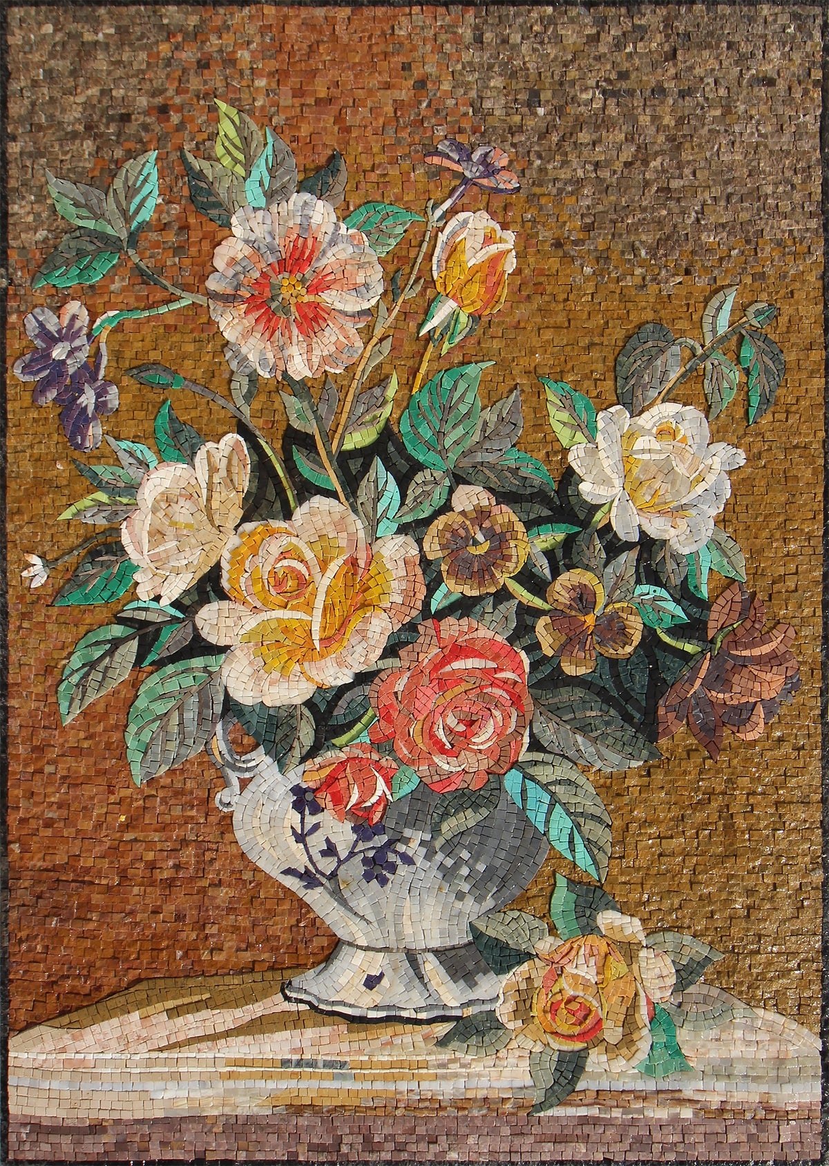 Handmade Floral Mosaic Mural: Blooming Flowers in Ceramic Vase