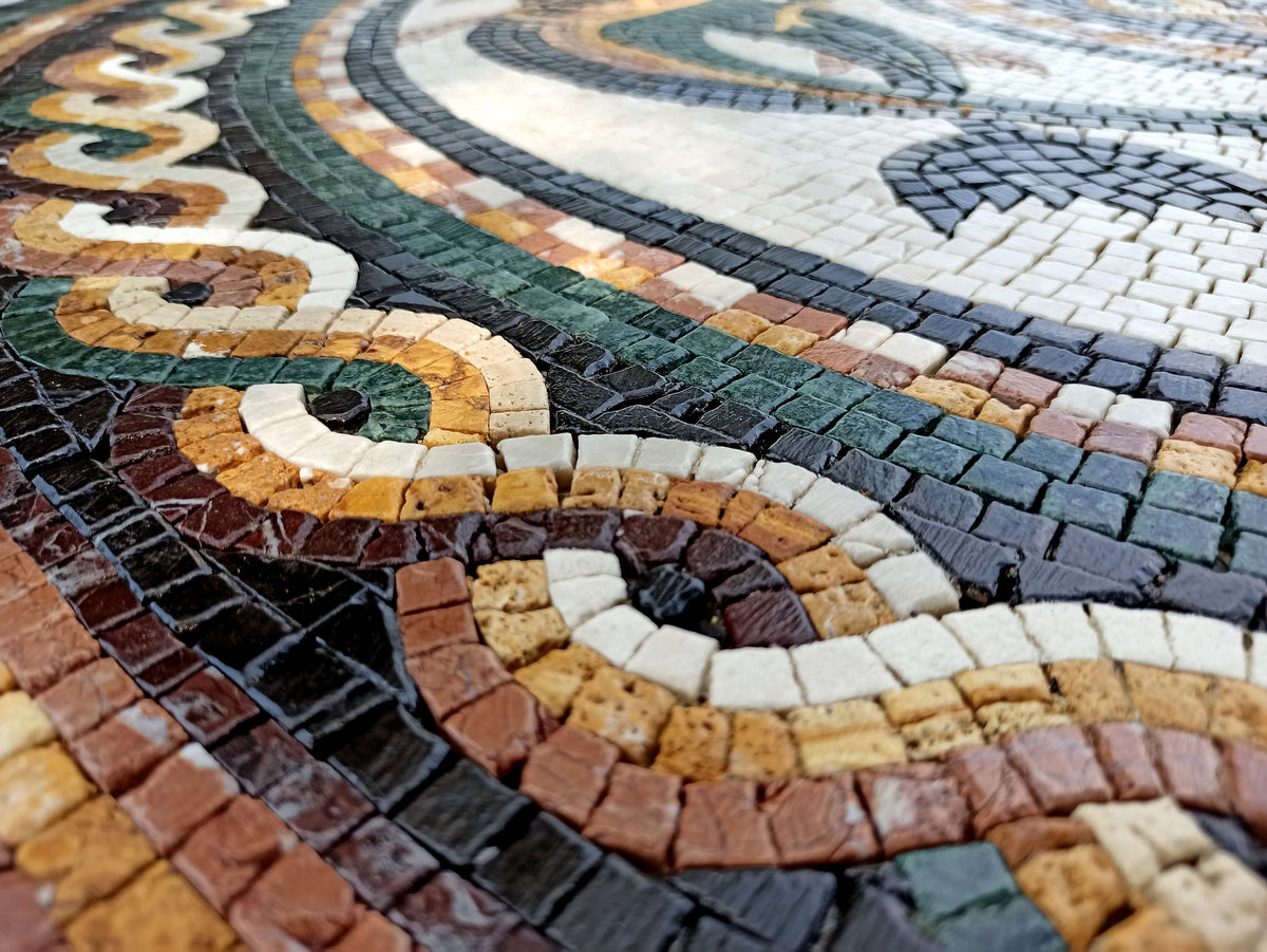 Handmade Marble Mosaic Medallion: 40" Dolphin Art Tile Stone Décor
