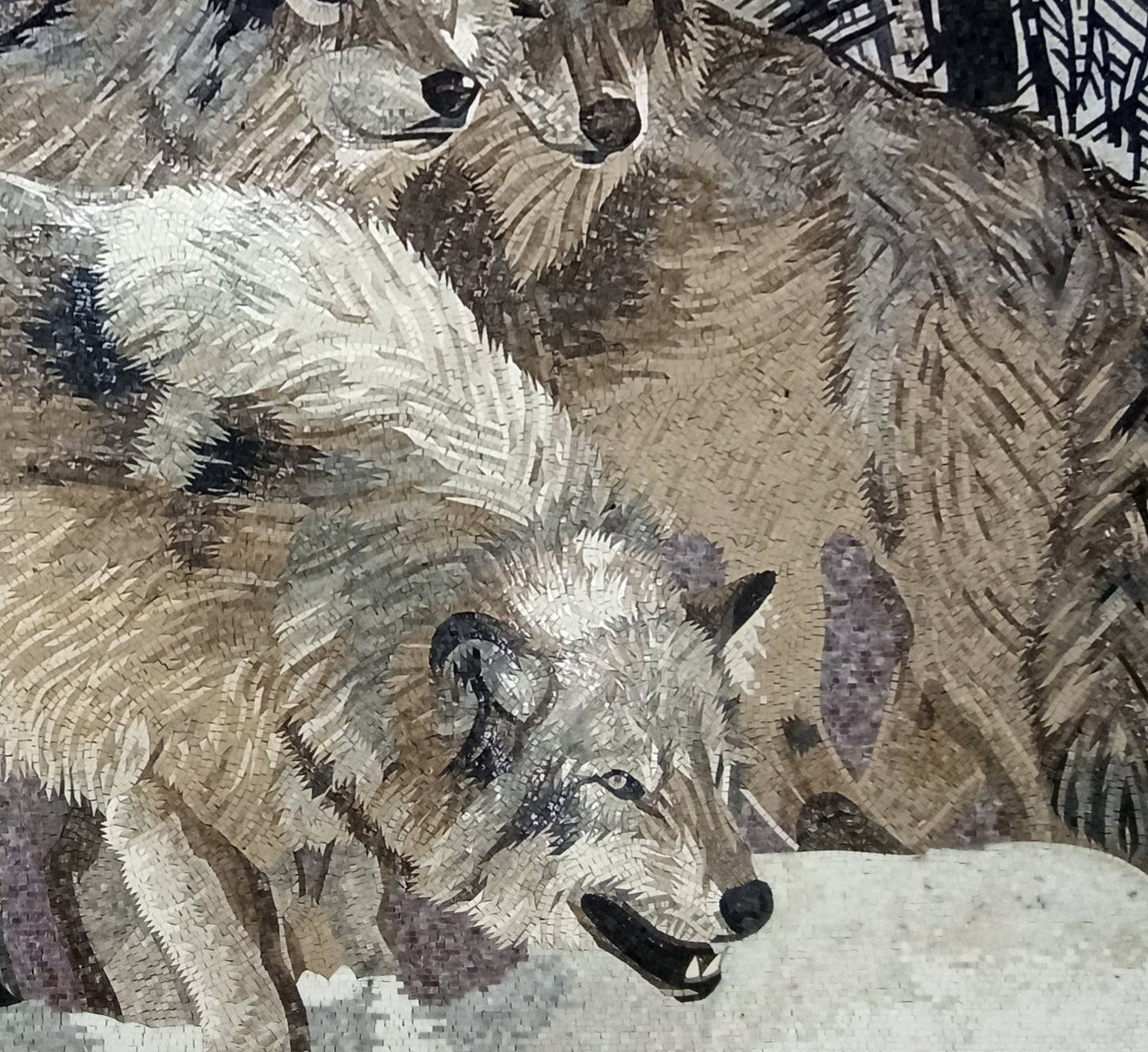 Handmade Snowy Wolf Mosaic Tile Art: Rustic Cabin Decor (80” x 72")
