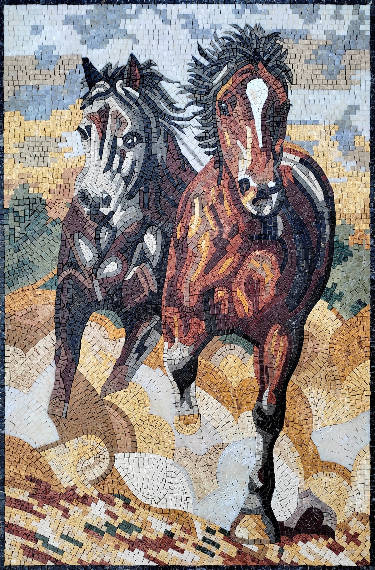 Handmade Horse Mosaic Tile Art: Rustic Interior Wall Decor (48" x 32")