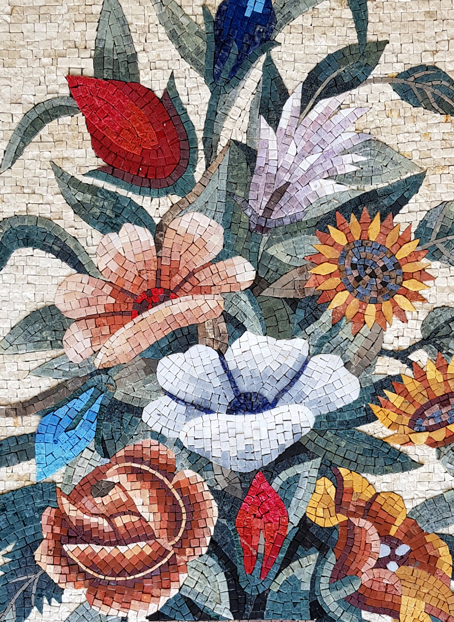 Handmade Floral Mosaic Tile Art: Sunflower & Roses Bouquet
