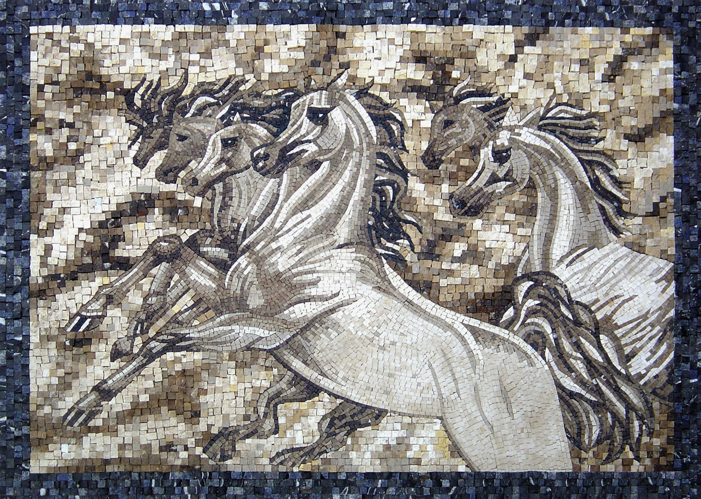 Handmade Running Horses Mosaic Mural: Stone Animal Wall Art (56” x 40")