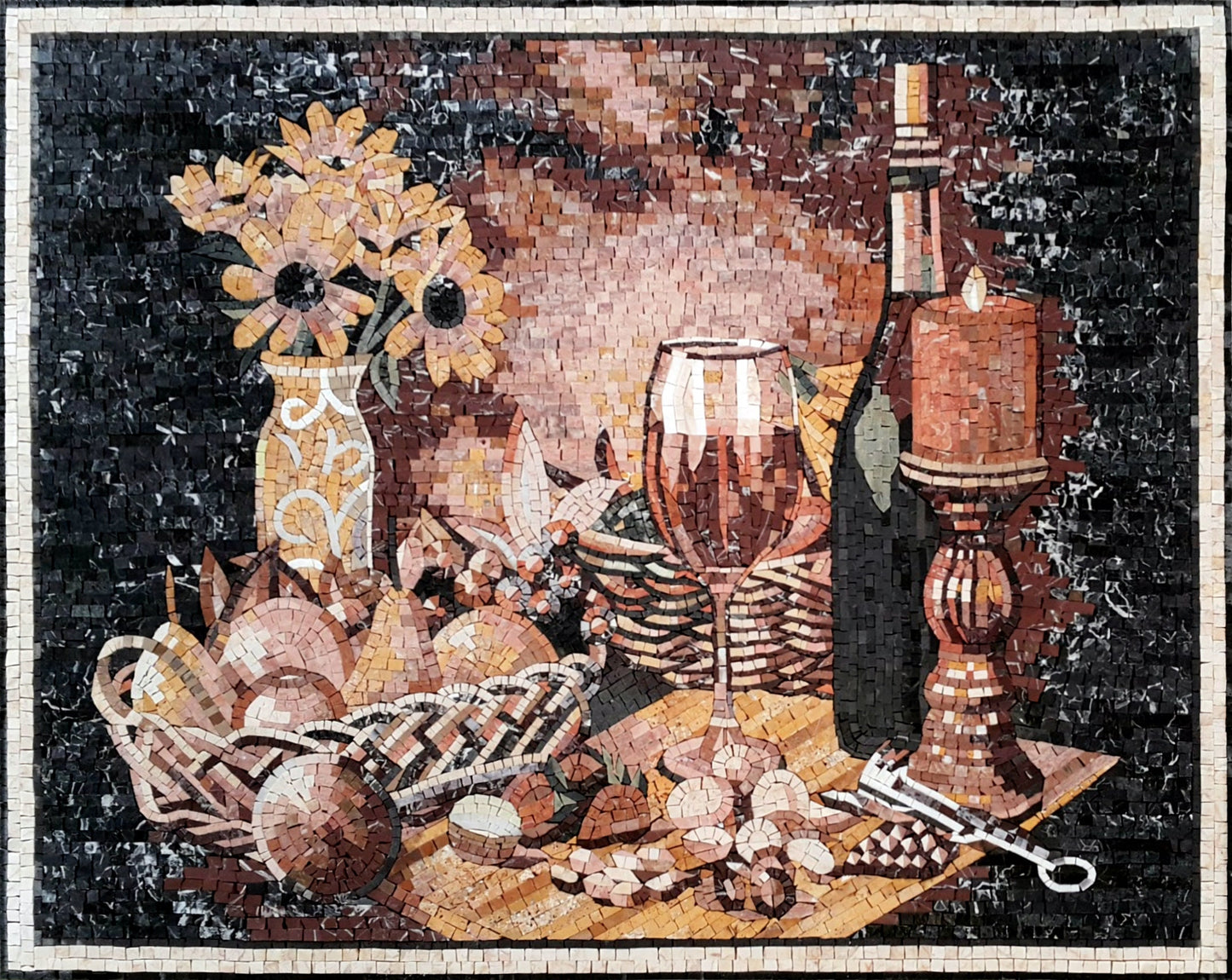 STIL LIFE MOSAIC| Fruit Basket, Candlelit, Sunflower Mosaic Backsplash For Kitchen Wall Décor | Fruits Backsplash For Tabletop