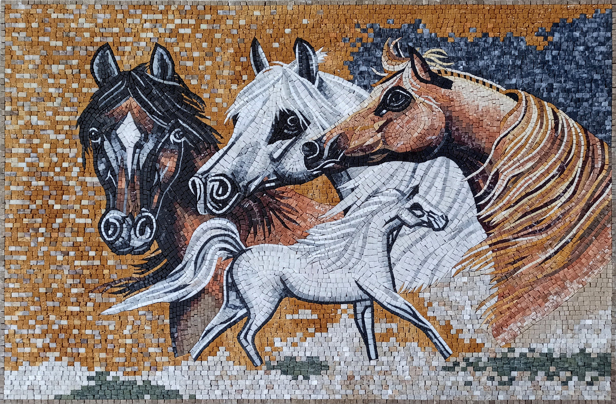 Handmade Horse Mosaic Mural: Marble Stone Art Tile (56” x 36")