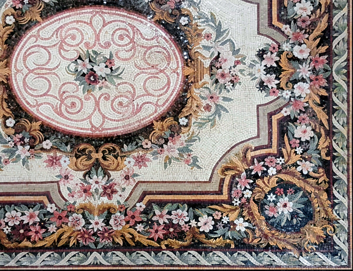 Large Floral Marble Mosaic Rug: Handmade Stone Carpet (104” x 80")