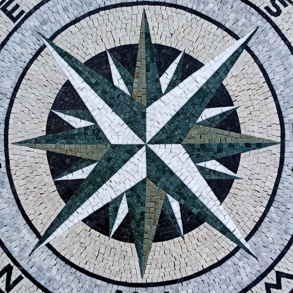 Handmade Marble Compass Rose Mosaic Tile: Indoor/Outdoor Medallion (36" Diameter)