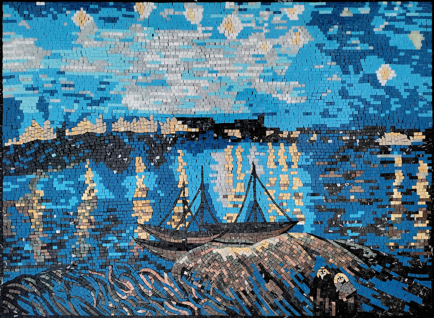 Sailing Boat Mosaic Tile Art: Handmade Marble River Scene (40” x 30")