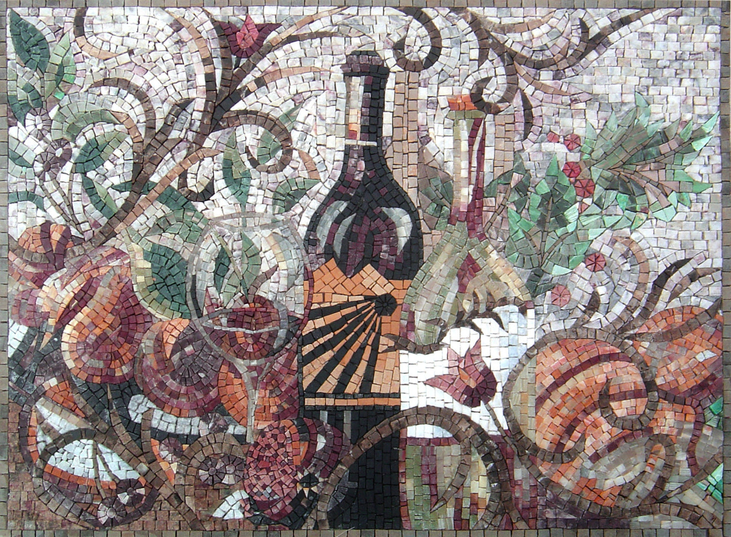 Wine and Glass Handmade Marble Mosaic Tile: Kitchen Backsplash Art