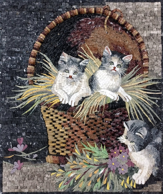 KITTEN MOSAIC BACKSPLASH | Pet Animal Mosaic Tiles For Kids Room Walls | Three Kittens Artwork Tiles For Cat Lovers Room Walls Decor