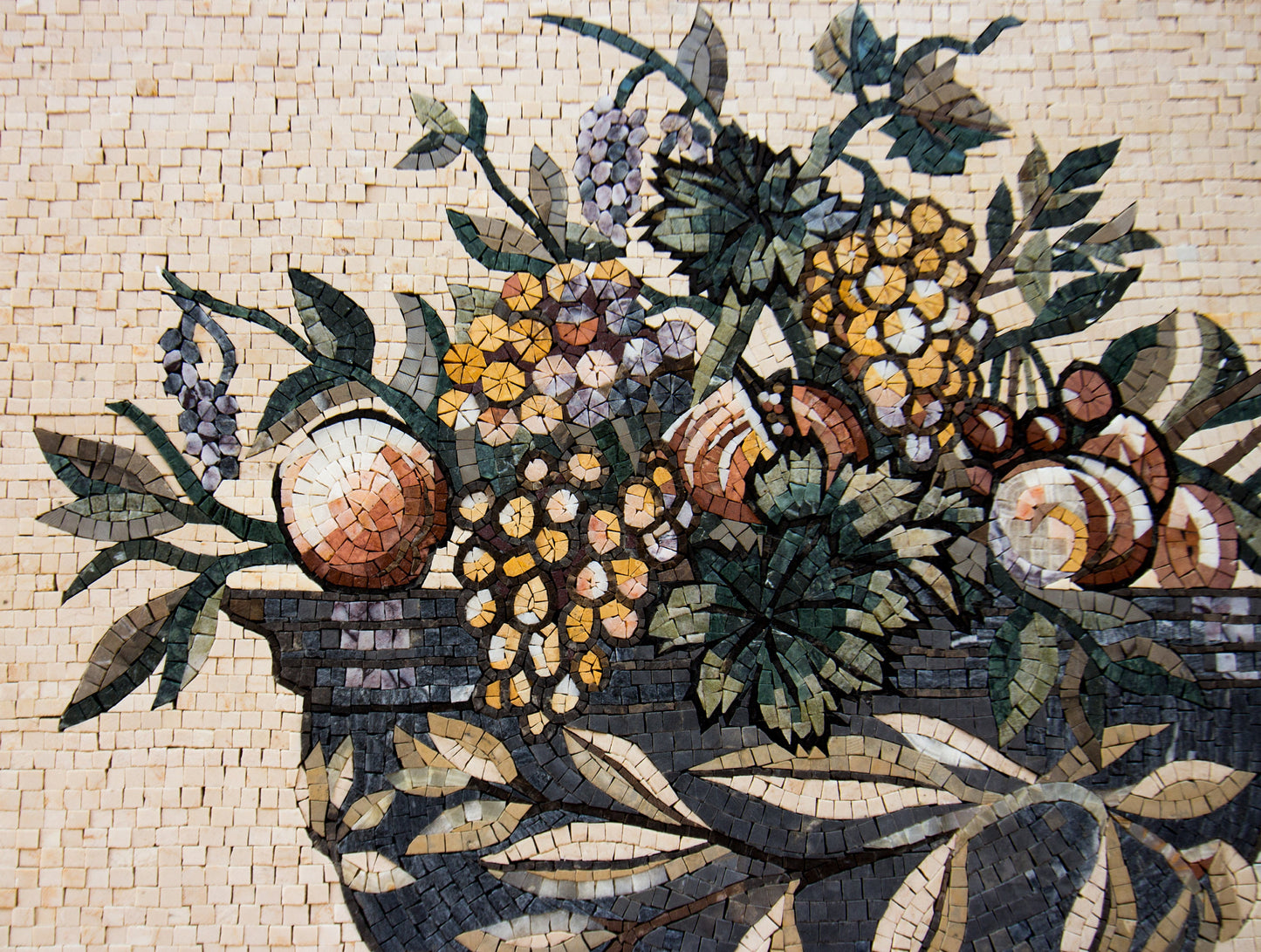 Handmade Fruit Bowl Mosaic: Stone Art Kitchen Backsplash (32” x 24”)