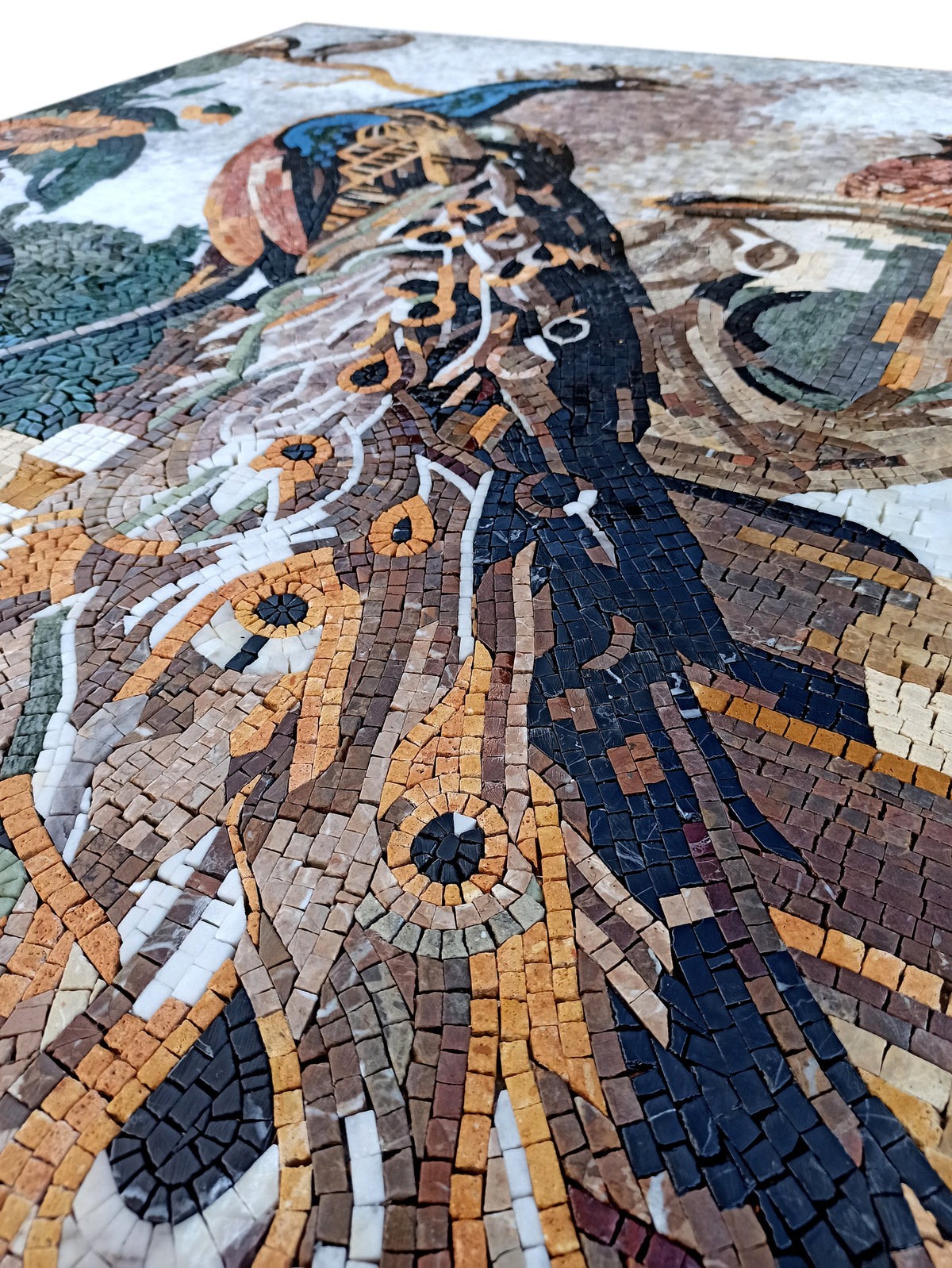 Handmade Bird Mosaic Tile: Peacock & Botanical Garden Wall Art (48” x 42”)