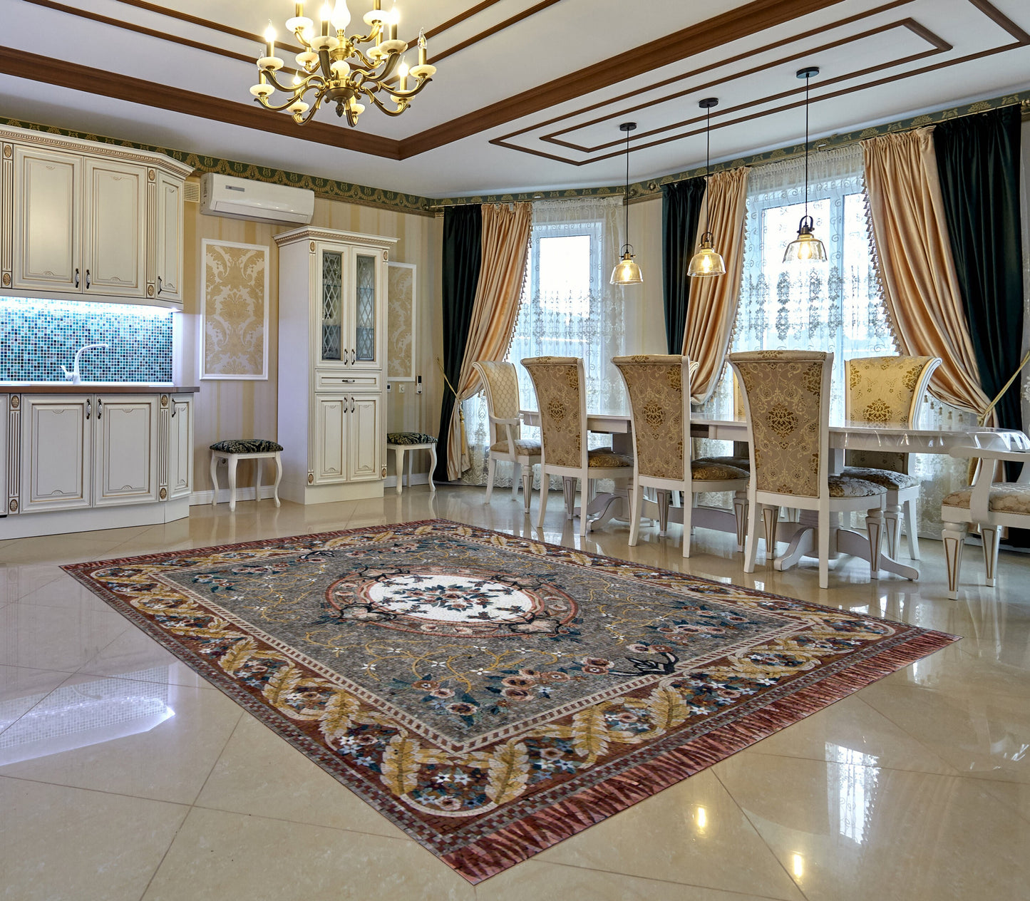Handmade Marble Mosaic Rug: Floral Stone Medallion (80” x 56")