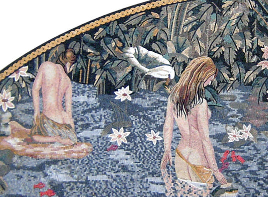 Handmade Women Bathing Mosaic Mural: Floral Pond Marble Tile Art