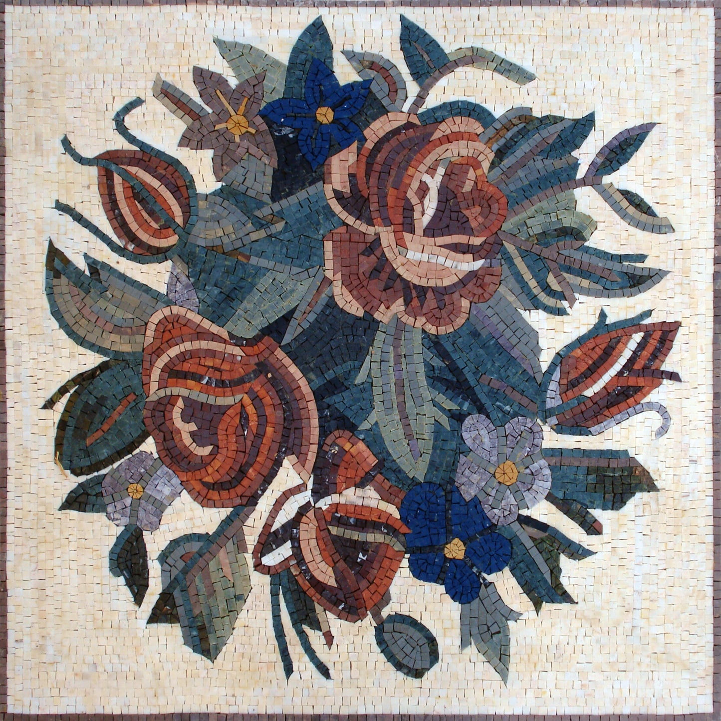Handmade Marble Mosaic Wall Art: Red Roses & Mixed Flowers (36"x36")