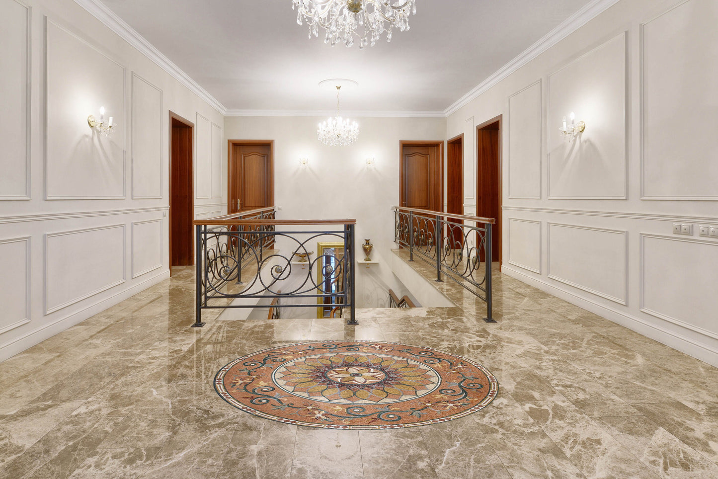 72" Handmade Marble Mosaic Medallion: Floral Stone Art Tile