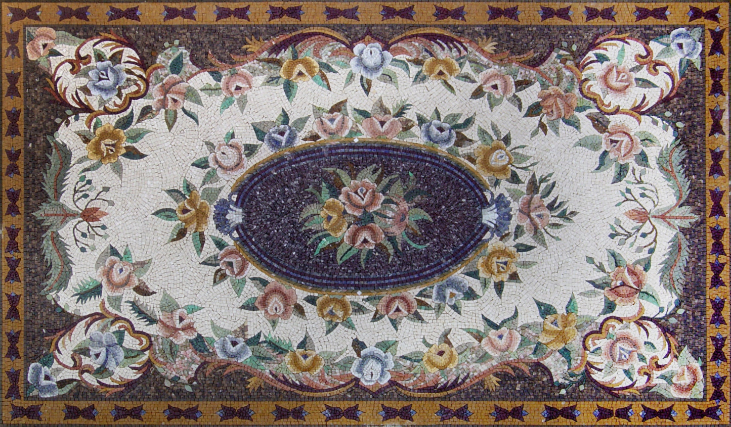 Handmade Marble Mosaic Rug: Floral Art Tile, Home Decor (64” x 110")