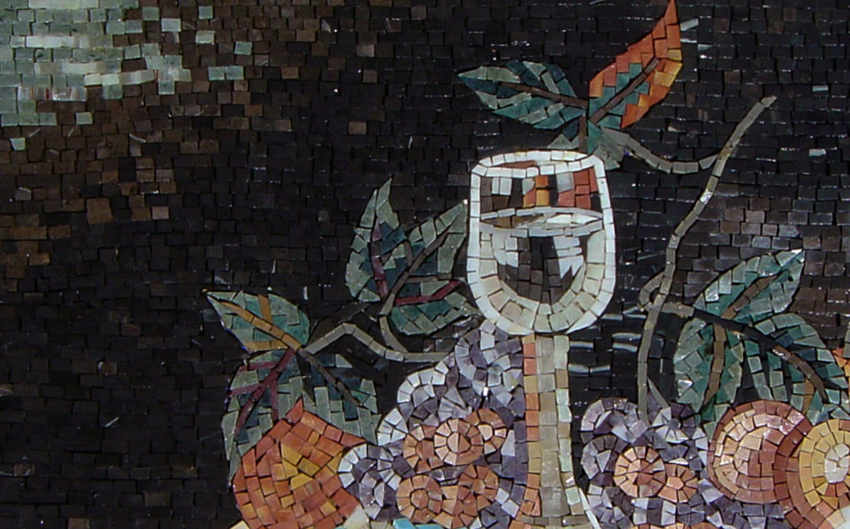 Handmade Still Life Mosaic Tile: Champagne & Fruit Backsplash (30” x 22”)