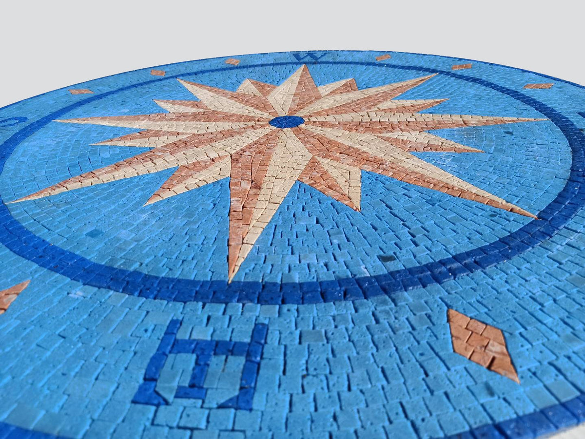Crafted Nautical Beauty - Handmade Compass and Pool Medallion Marble Mosaic Art Tiles - Customization available