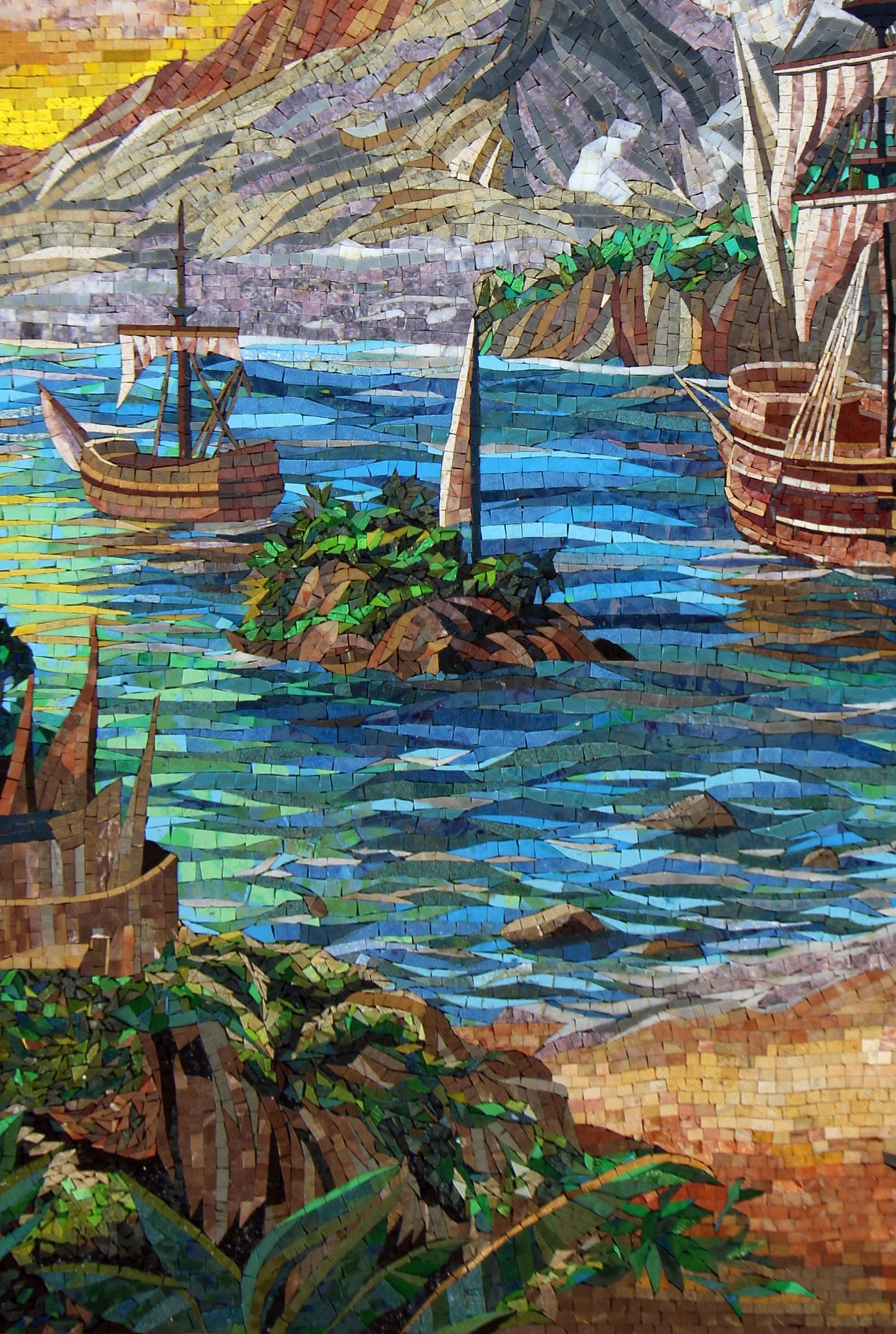 48"x32" Ships in Sea Mosaic Wall Art – Nautical Seascape, Coastal Home Decor, Customization available