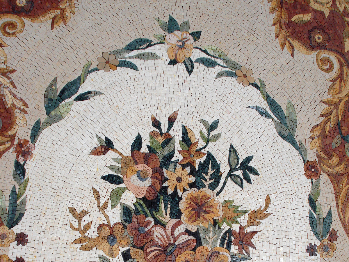 Floral Marble Mosaic Rug: Handmade Stone Carpet (108” x 64")