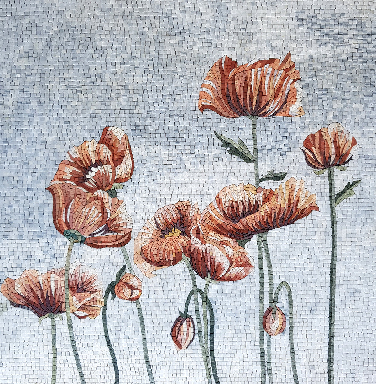 Handmade Pink Peonies Mosaic Wall Art: Stone Tile Medallion (40x40")