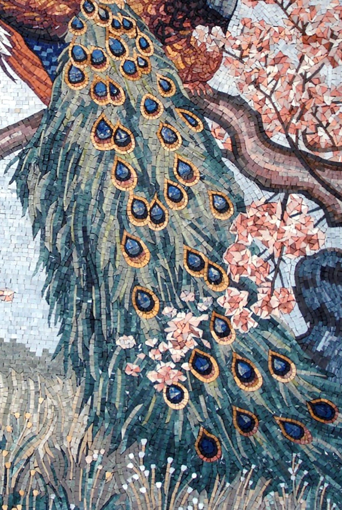 Handmade Peacock Mosaic Tile Art: Cherry Blossom Tree, 64x48"