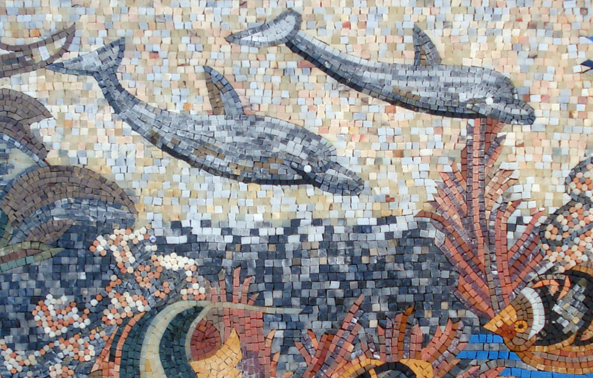 Handmade Dolphin Mosaic Mural: Coral Reef Marble Wall Art (52” x 34")
