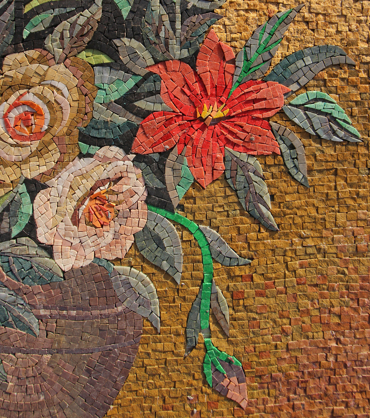 Handmade Floral Mosaic Mural: Blooming Flowers in Ceramic Vase