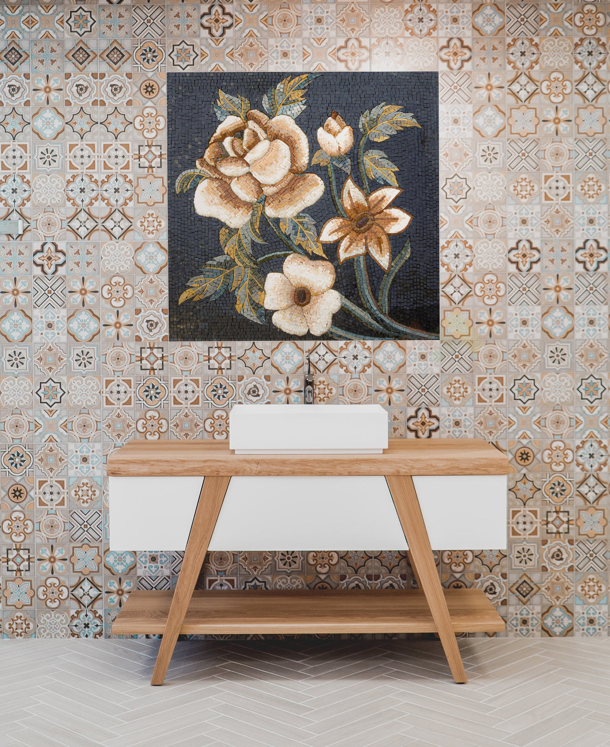 Handmade Marble Mosaic Tile Art: Floral Vine Decor (40"x40")