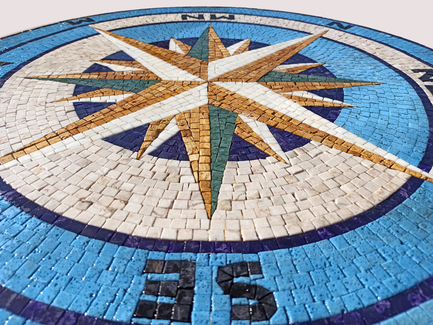 Handmade Windrose Mosaic Tile: Compass Medallion, Indoor/Outdoor Decor (32")