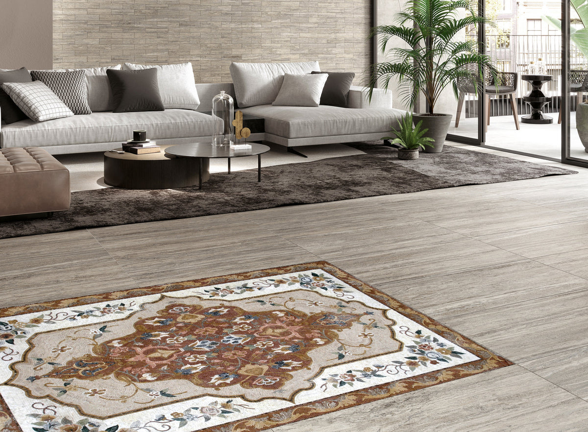 Handmade Marble Stone Mosaic Rug: Flower Design Art Tile (84” x 56")