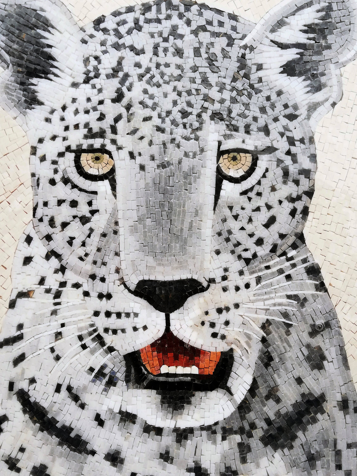 Snow Leopard Mosaic Tile: Handmade Marble Animal Wall Art (36" Di)