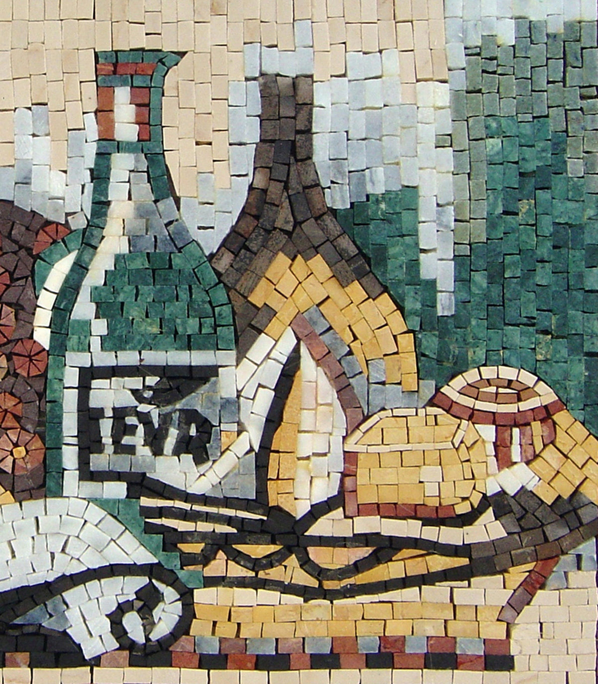 Wine Bottles Mosaic Art: Handmade Marble Still Life Wall Decor