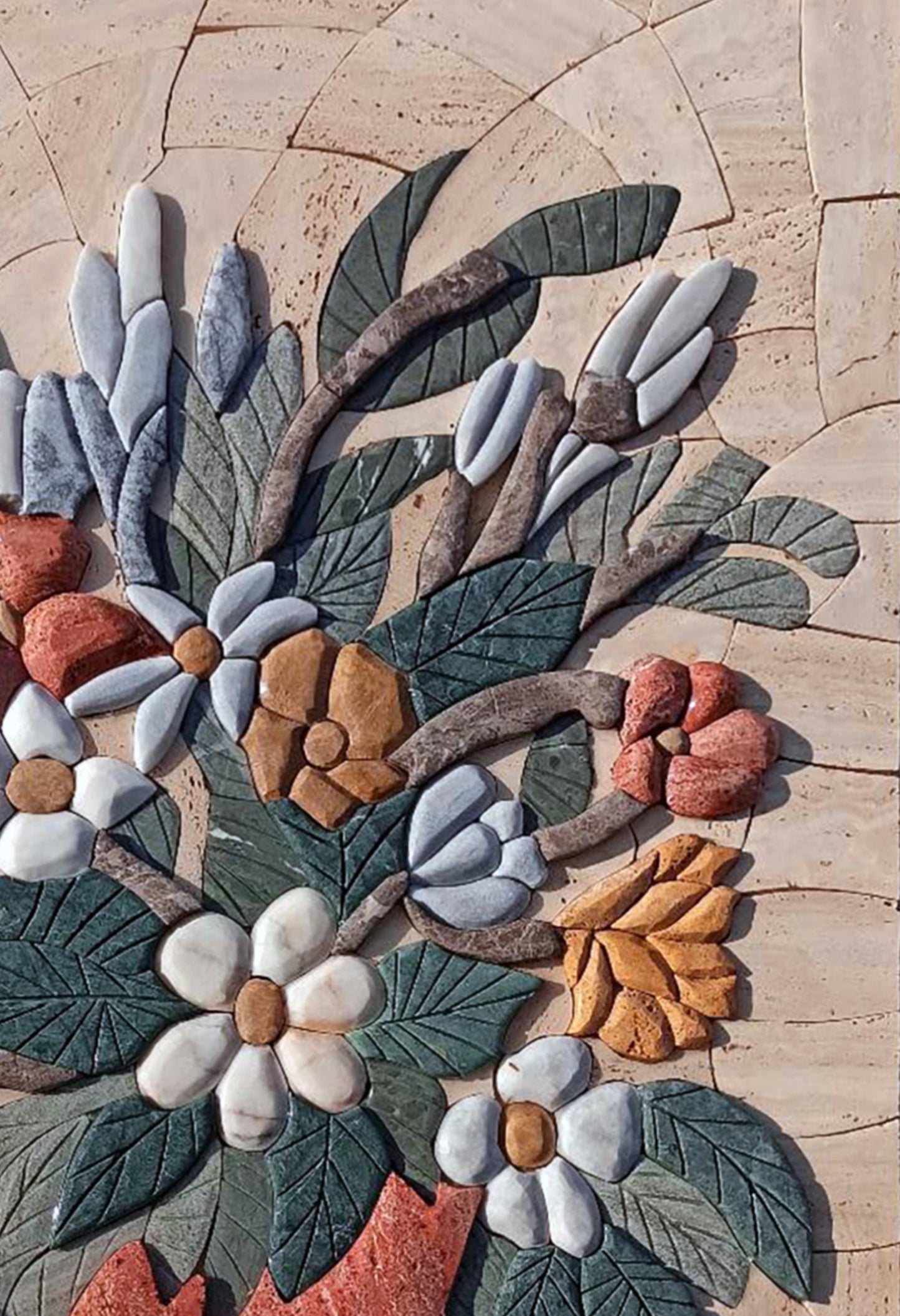 Embossed Red Vase Mosaic Wall Art: Handmade Marble Tile Floral Design (16x24")