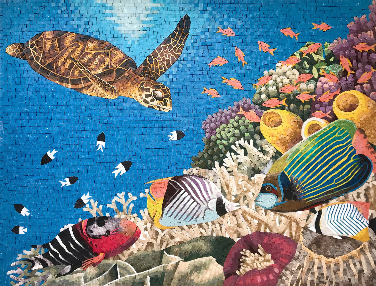 Handmade Sealife Mosaic Tile: Turtle & Fish Ocean Mural (48” x 36”)