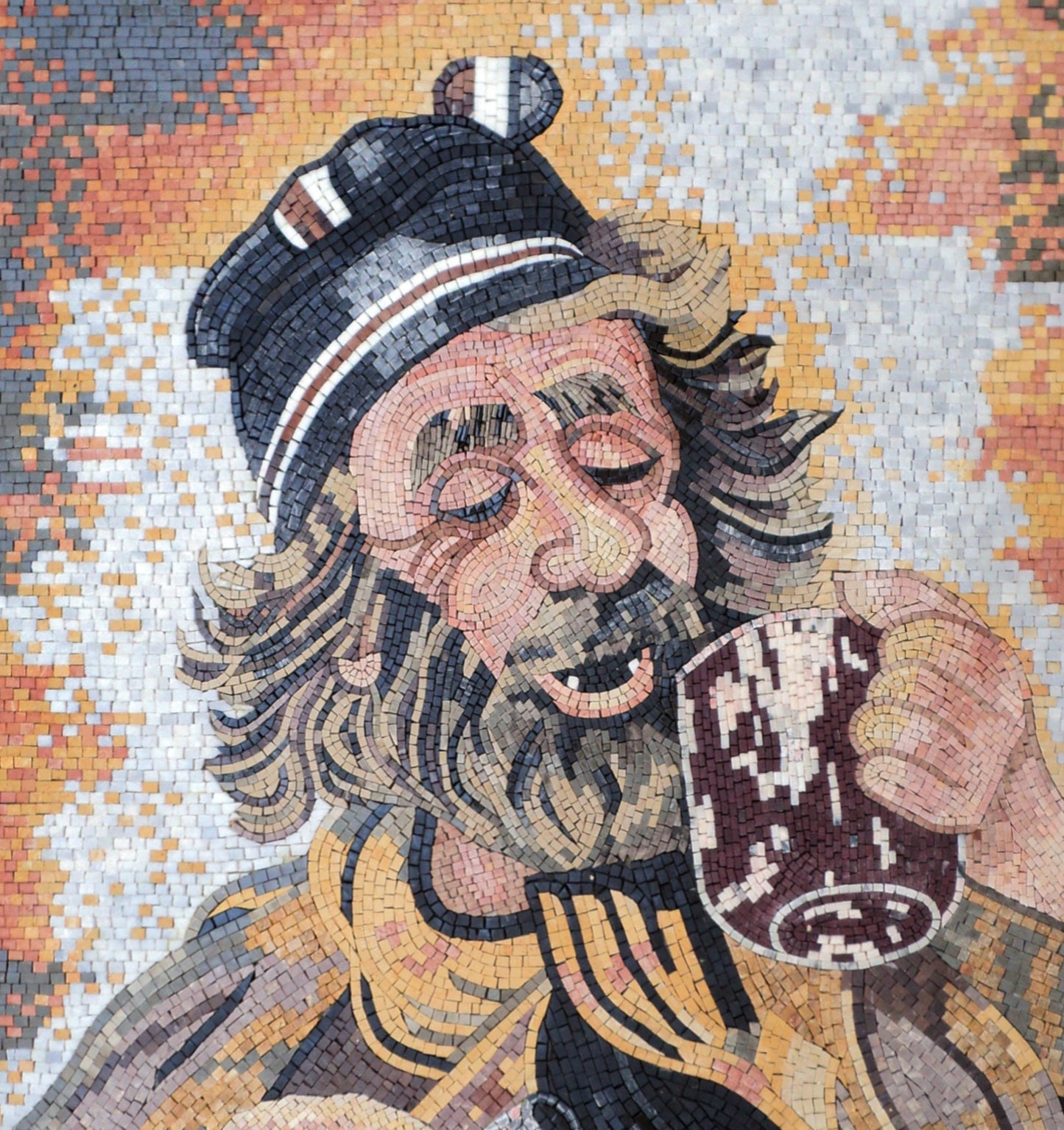 Handmade Mosaic Mural: Man Drinking Wine - Stone Tile Art (40” x 28")