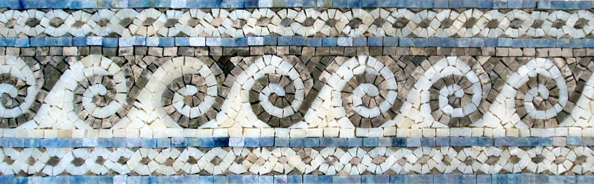 8″ Stone & Brown Mediterranean Waves Mosaic Border – Handmade Marble Tile Trim, Customization available