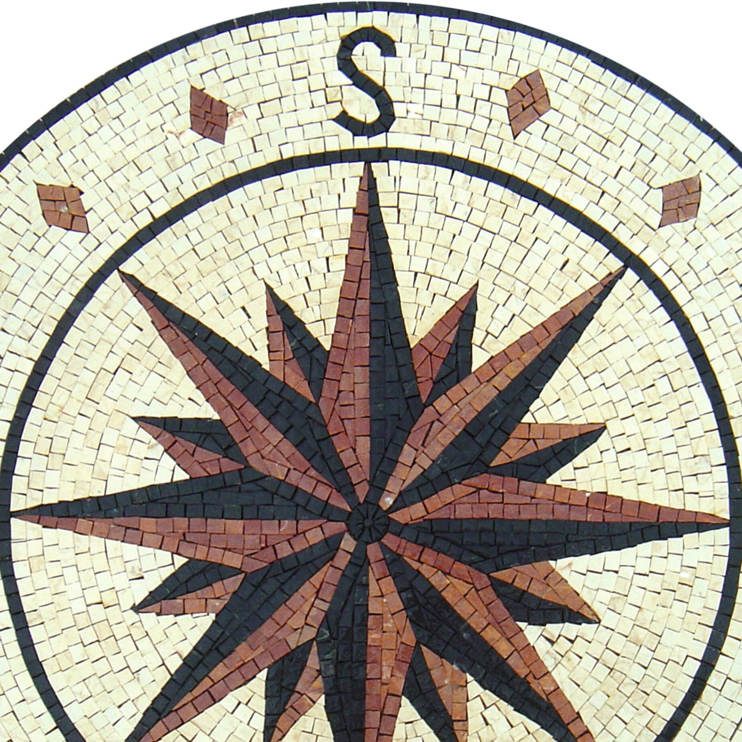 Nautical Compass Mosaic Tile: Handmade Wind Rose Medallion (40" Diameter)
